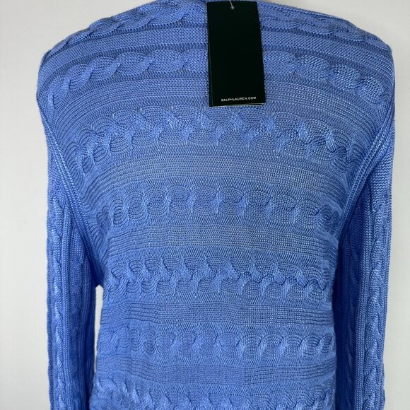NWT Lauren Ralph Lauren Blue Cotton Blend Boat Neck Cable Knit Sweater XL RP $99 - Picture 10 of 15